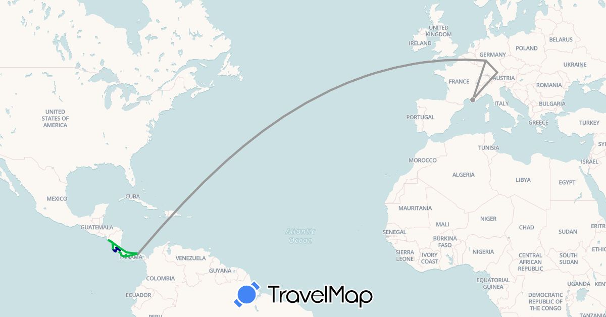 TravelMap itinerary: driving, bus, plane, motorbike in Costa Rica, Germany, France, Nicaragua, Panama (Europe, North America)